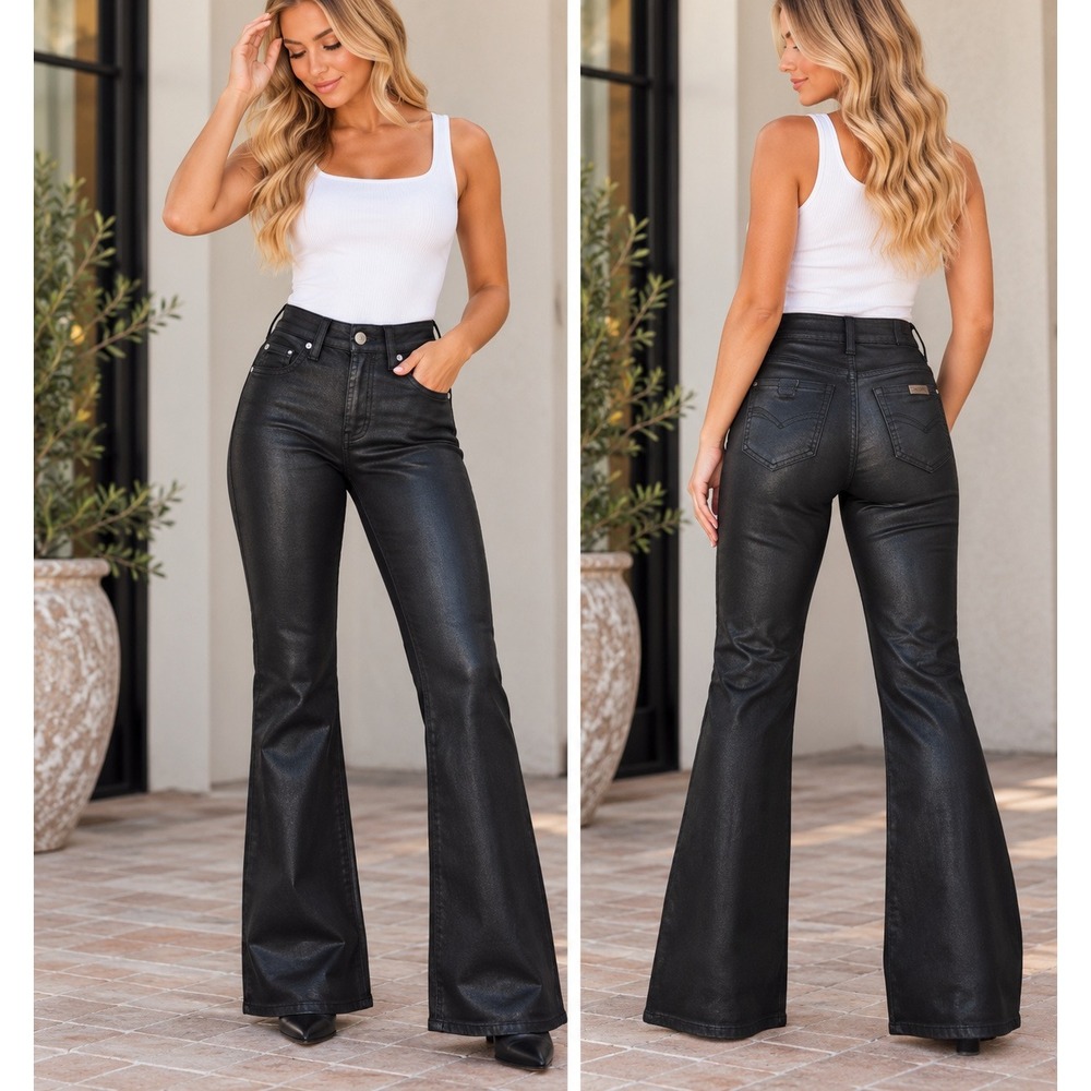 7 For All Mankind High Waisted Flare Coated Black Denim Jeans Leather Look